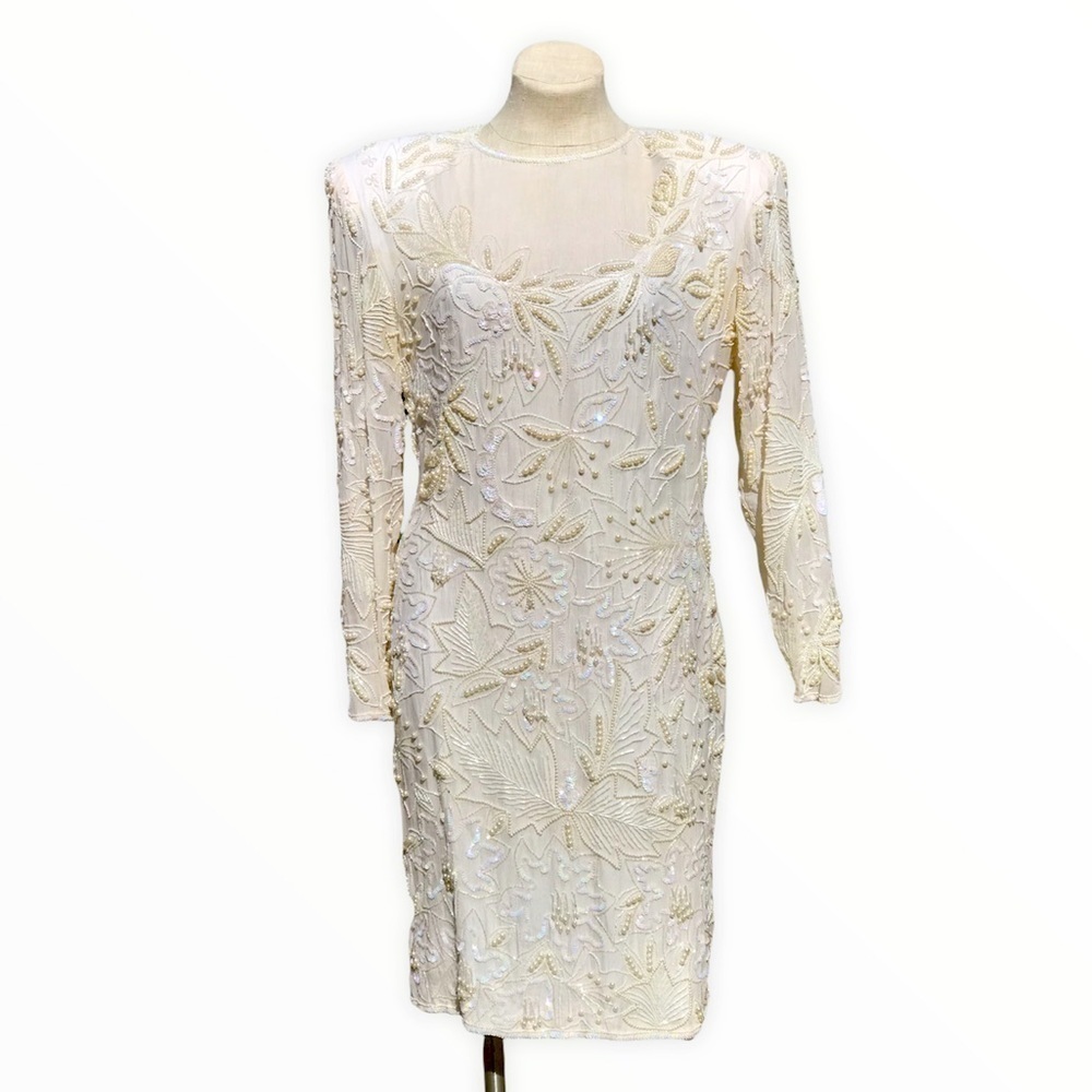 Vintage 80s Womens Beaded White Silk Crepe Dress Small Medium Glam Hollywood